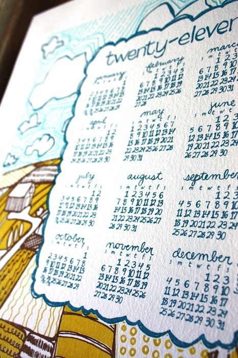 2011 Letterpress Calendar Farm Illustration FREE SHIPPING