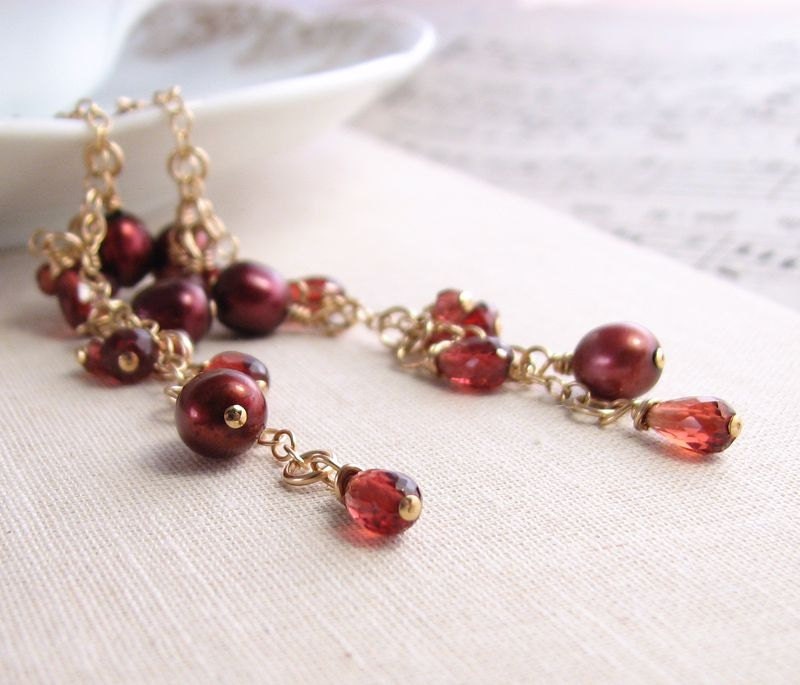Burgundy garnet and pearl Garnet  long drop cascade earrings gold filled