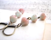 spring jewelry Shabby pastel earrings with mint green and pink glass flowers