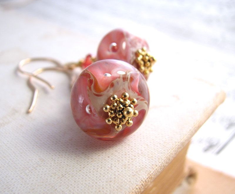 summer jewelry coral lampwork glass earrings crystal gold filled pink