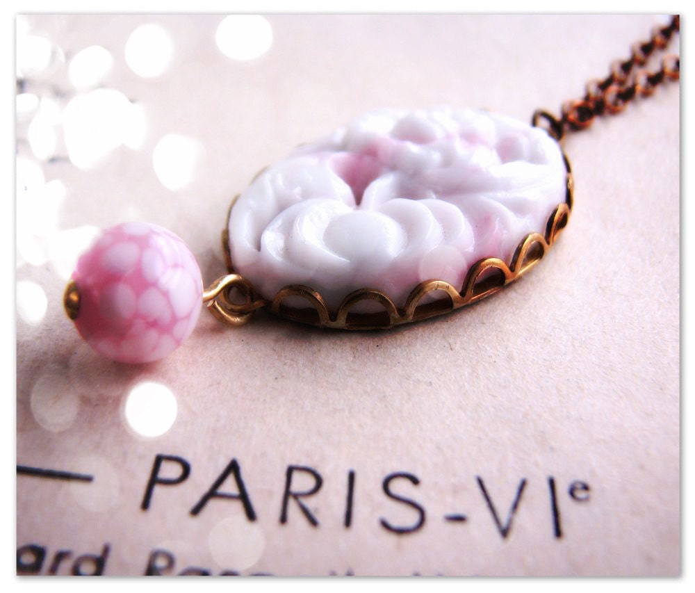 PINK pastel spring necklace with vintage art glass
