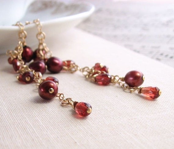 Burgundy garnet and pearl Garnet  long drop cascade earrings gold filled
