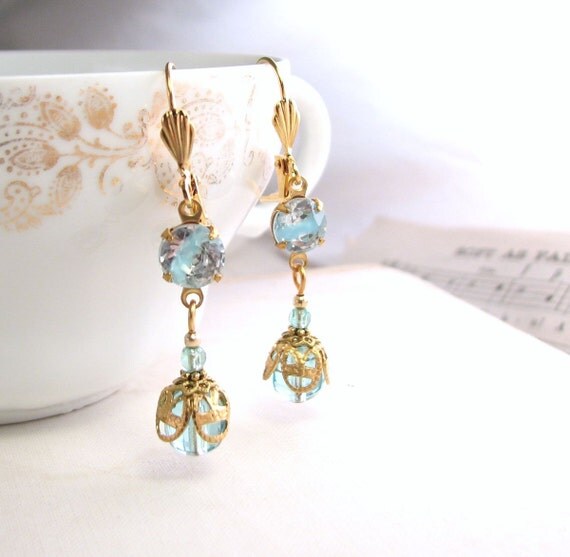 spring jewelry Baby Blue earrings with vintage aqua pastel art glass