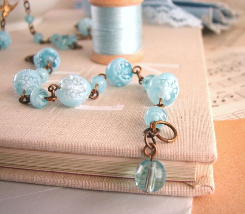 SNOWBIRD  necklace bracelet earrings set with vintage blue lampwork glass