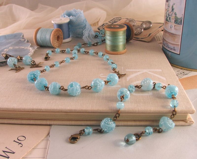 SNOWBIRD  necklace bracelet earrings set with vintage blue lampwork glass
