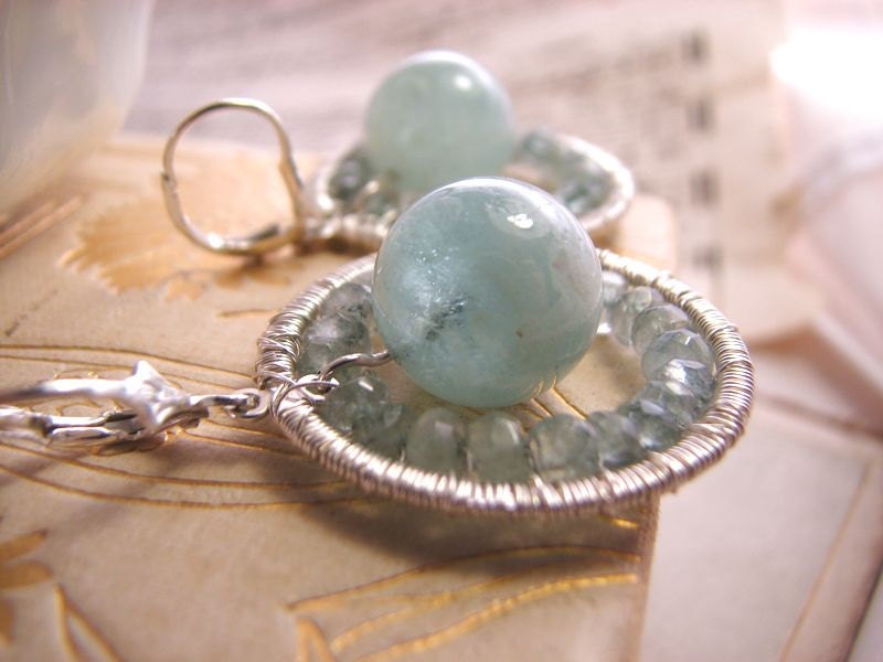 LUNA aquamarine sterling silver wire wrap earrings