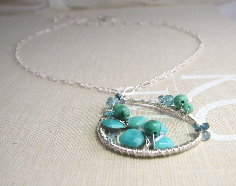 Turquoise flower December birthstone necklace sterling silver