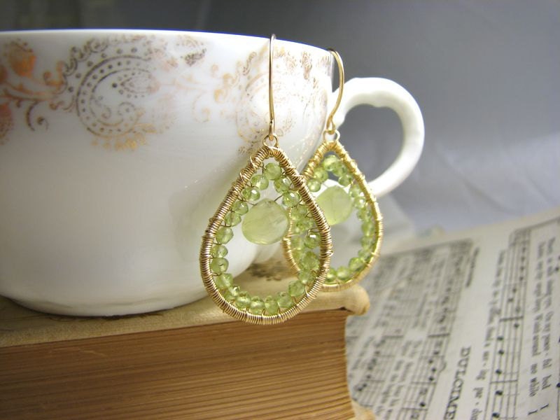 Peridot and Prehnite gold filled wire wrapped gemstone earrings
