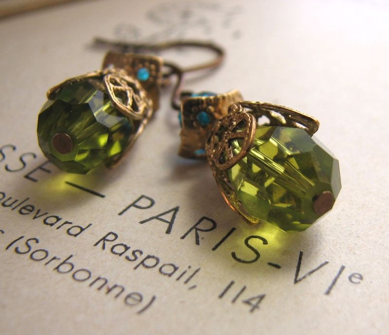 Shabby crystal earrings cedar teal filigree fall colors