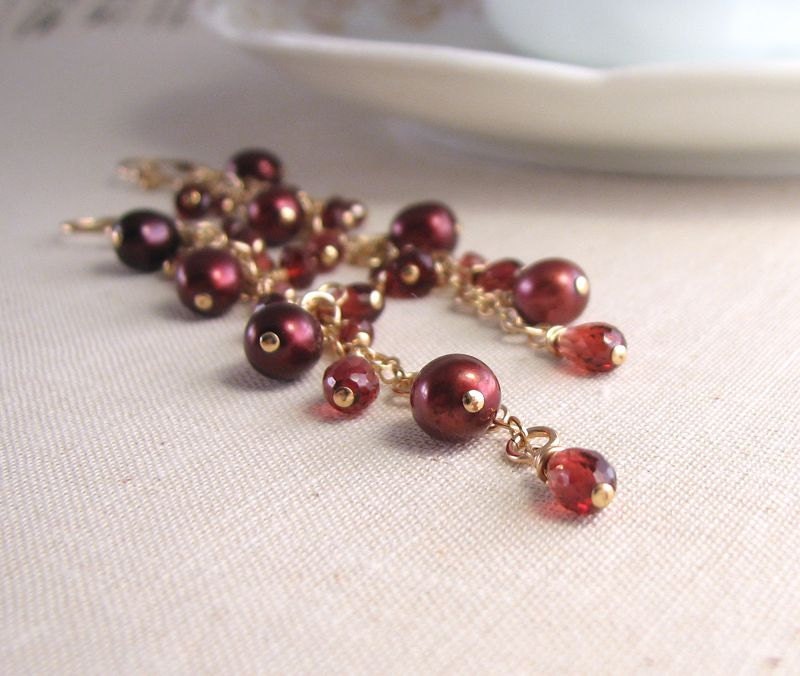Burgundy garnet and pearl Garnet  long drop cascade earrings gold filled