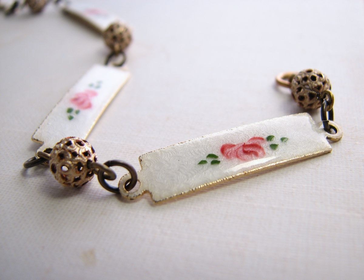 Shabby bracelet with vintage enamel roses and filigree