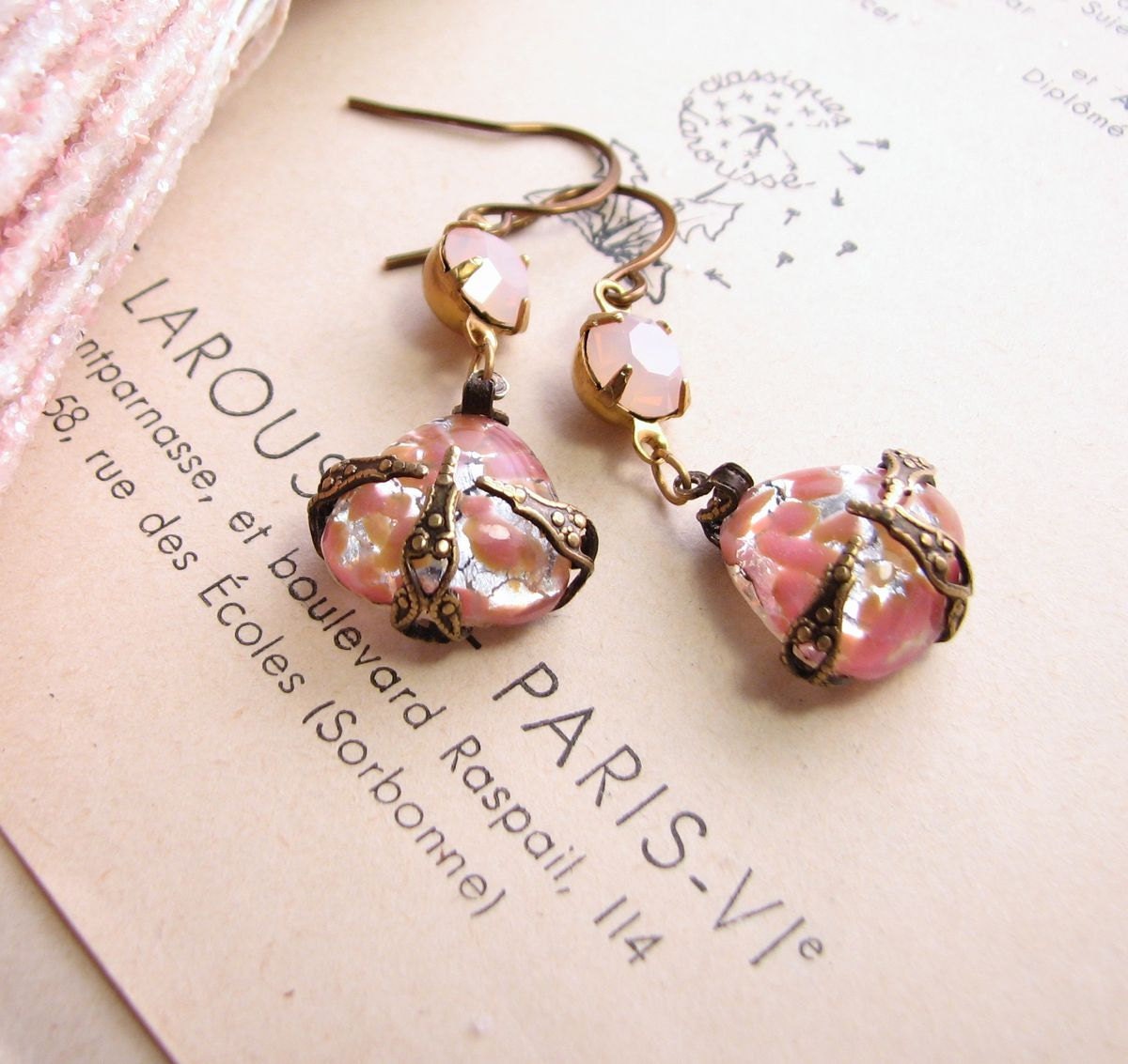 Peach pink pastel earrings with vintage art glass and filigree
