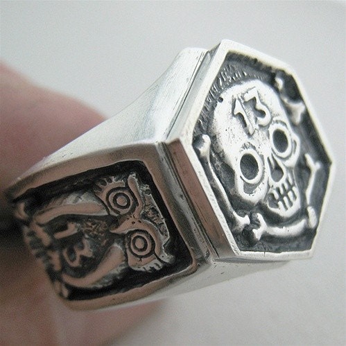 Hex 13 with Owls Custom Skull Ring