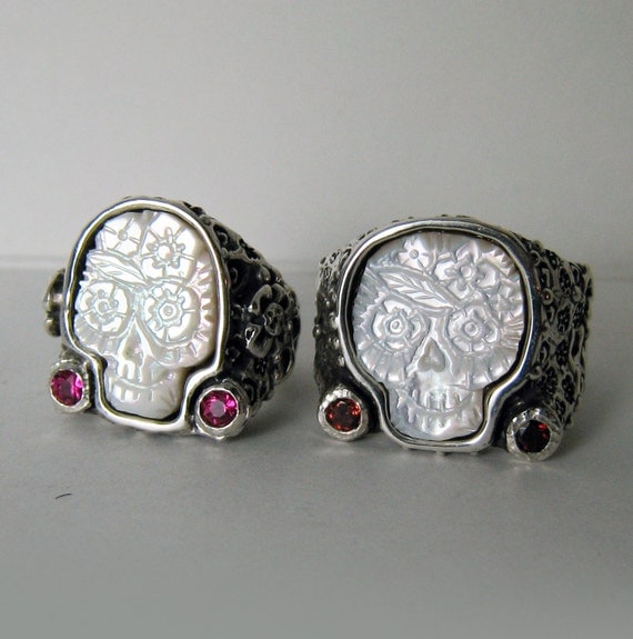 Day of the Dead Sugar Skulls Rings His and Hers Wedding Set R053