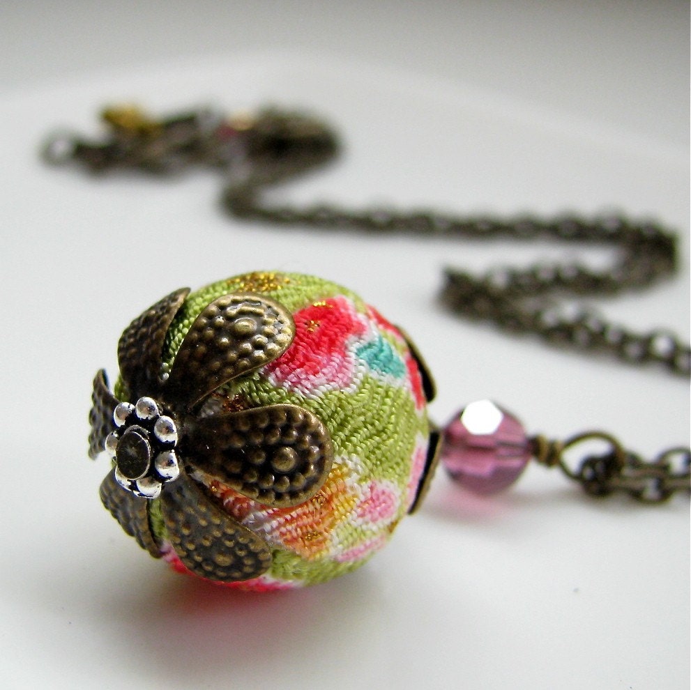 Kimono Necklace - in Chartreuse / Lime Green / fabric wrapped