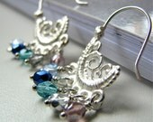 Lace filigree earrings - pastel color glass / matte silver