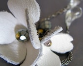 Handcrafted Leather Flower necklace with vintage lucite drops / gunmetal mesh chain