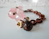 Glass Beaded Bracelet in Clear with Soft Pink Swirl - wire wrapped / copper chain
