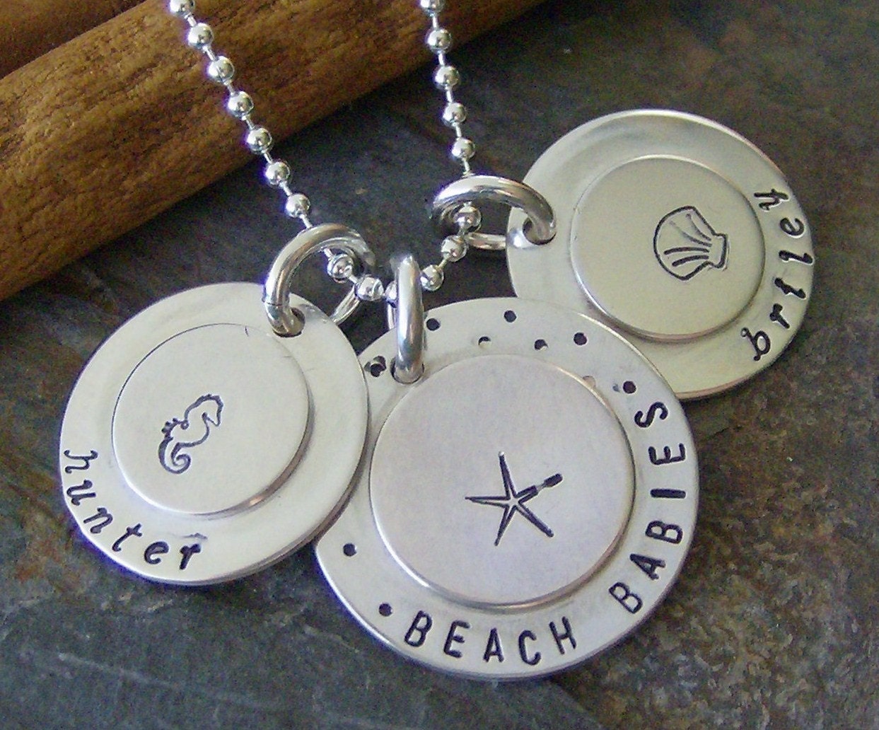 Momma's beach babies.....hand stamped soldered sterling silver family necklace