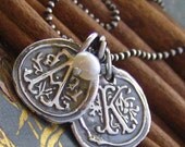 Double Vintage letters with pearl... hand stamped fine silver wax seal initial necklace personalized
