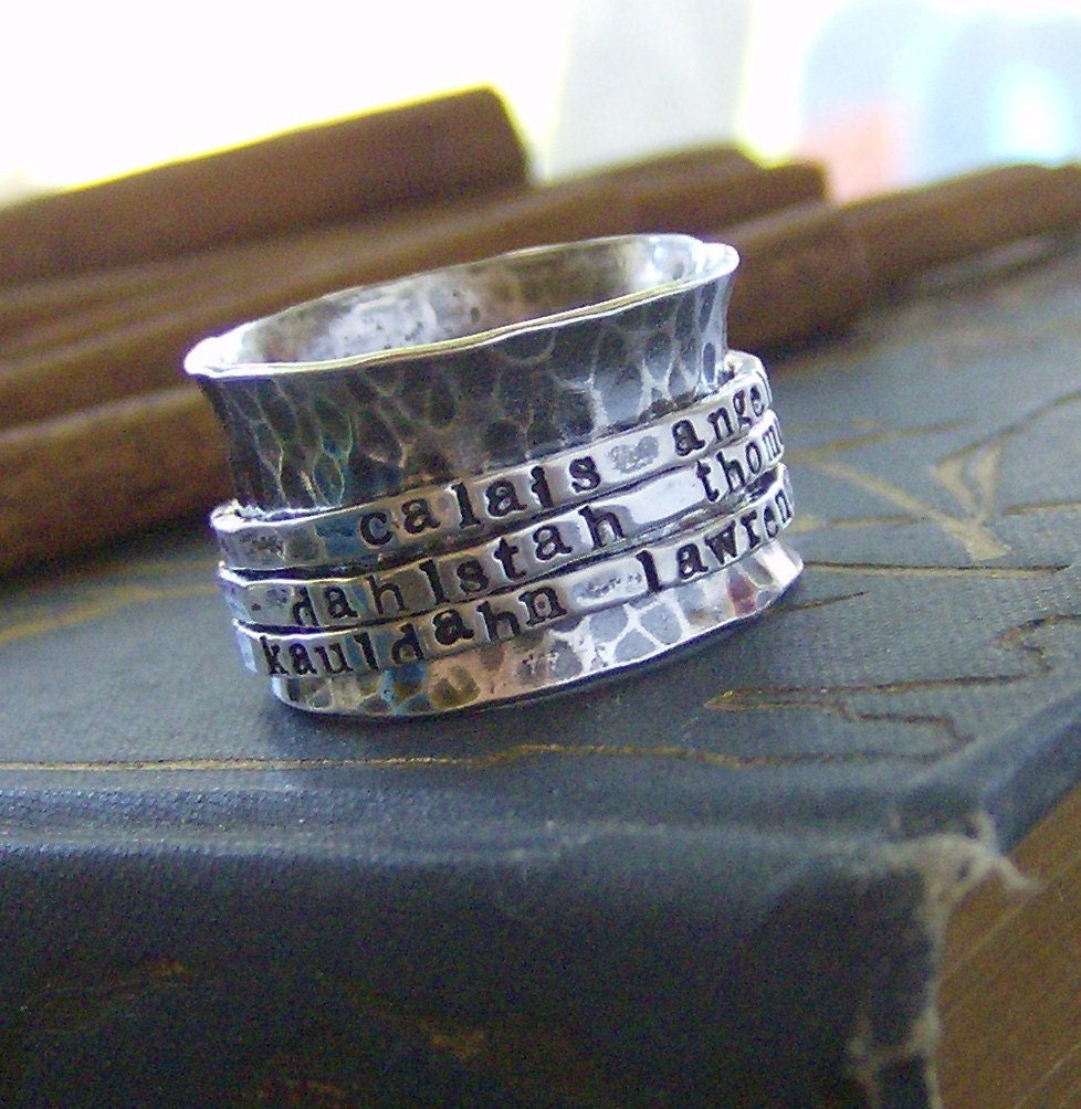 Hand stamped Tripple band sterling silver spinner ring mothers ring