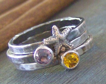 Sea stones... hand stamped silver and faceted gem stone stacking rings