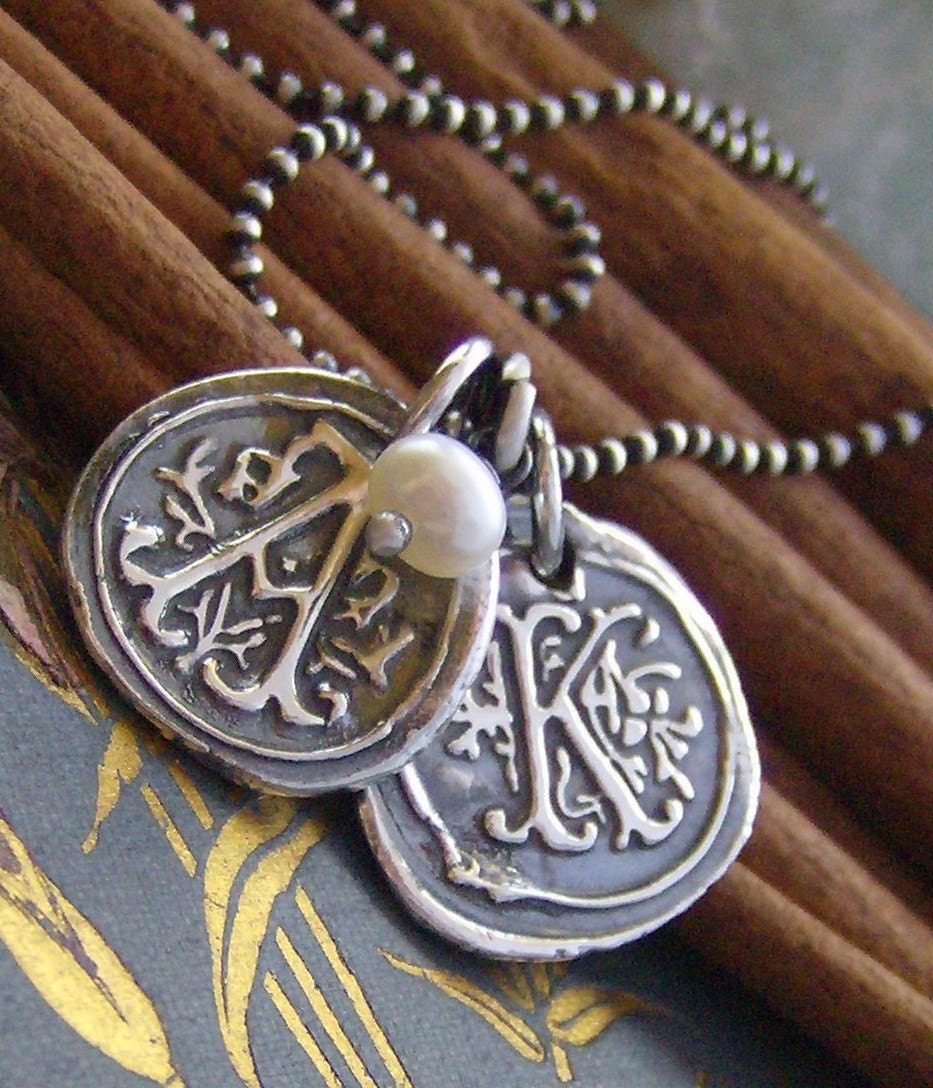 Double Vintage letters with pearl... hand stamped fine silver wax seal initial necklace personalized