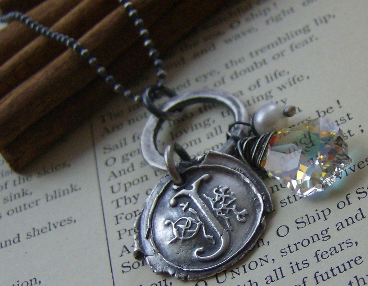 Fancy vintage letters... hand stamped fine and sterilng silver crystal necklace