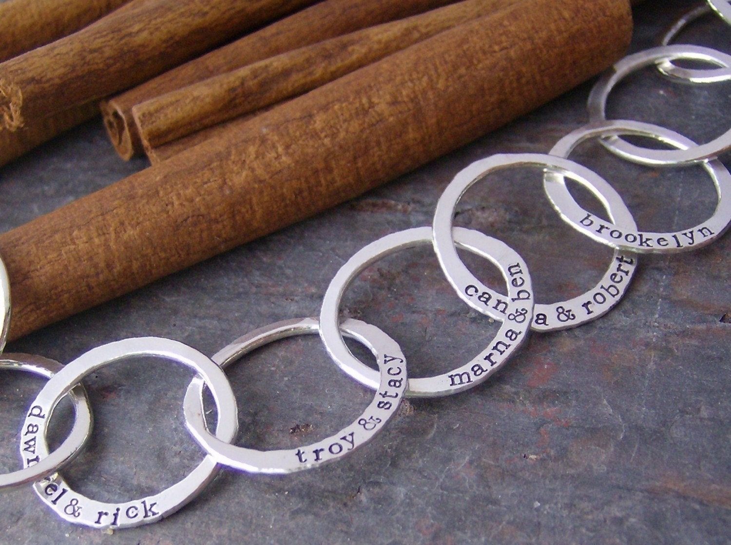 Family links....hand stamped and forged fine silver family bracelet.