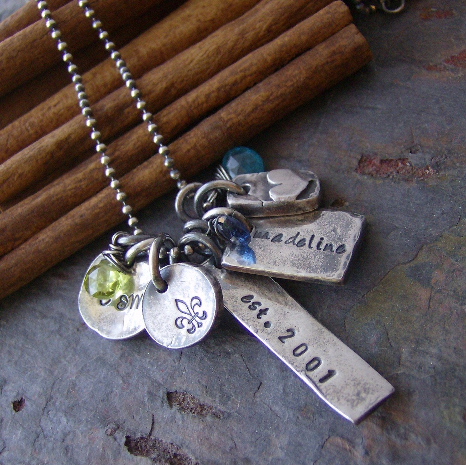 Eclectic Family...fine silver hand stamped personalized gem stone necklace