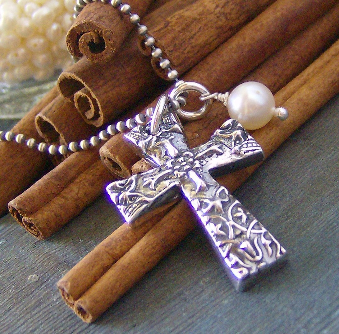 Antique cross... hand stamped fine silver and fresh water pearl cross necklace