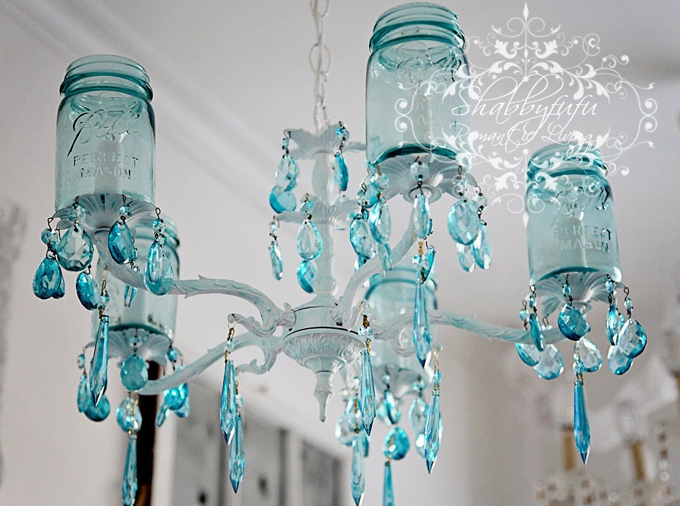 Vintage Mason Jar Chandelier...Aqua Crystals....Made To ORDER...Plethora of Treasuries..LAYAWAY Available