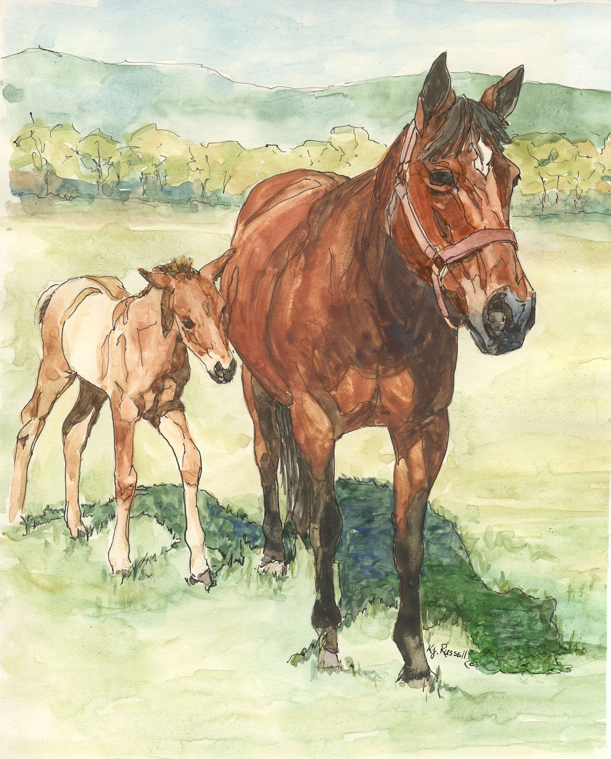 Horses Signed Print of Watercolor Original Painting 8x10 Colorful Western Equine Art K Joann Russell