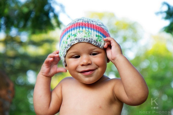 hand knit baby hat -fair isle and stripes