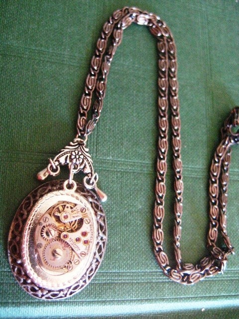 Sheffield Flapper. Steampunk Ruby Jeweled Watch Movememt Necklace. DC156