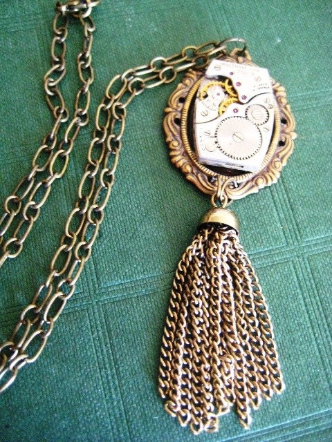 Waltham Elegant. Steampunk Ruby Jeweled Watch Movement Necklace. DC061