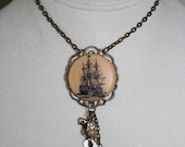 Pirate Ship Medallian Necklace. Gothic Old World Sea Jewelry. Steam Punk DC178