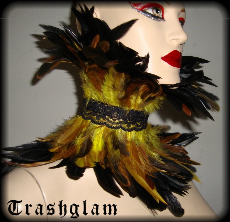 Trashglam Gothic couture feathered neck CORSET choker COLLAR CHOOSE purple or gold yellow