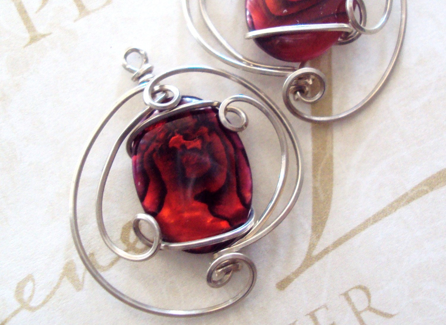 Wirewrapped Earrings Red  Paua Shell  in  SS