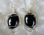 Wire Wrapped Dangle Earrings Black Onyx Black Sass  Cabs  SS
