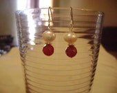 White Pearl Earrings Faceted Red Carnelian Earrings