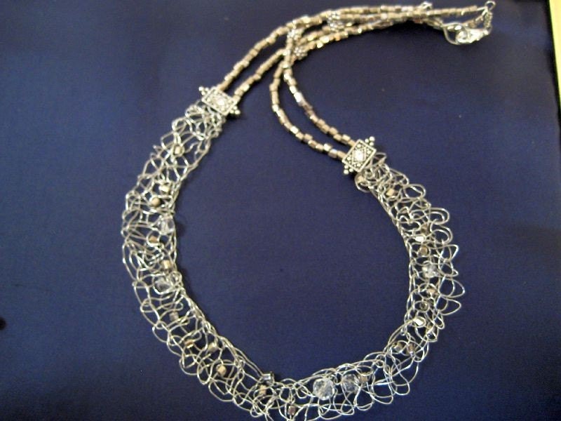 Wire knitted necklace in silver and crystals- The Galaxy jewelry- lacy, delicate yet bold