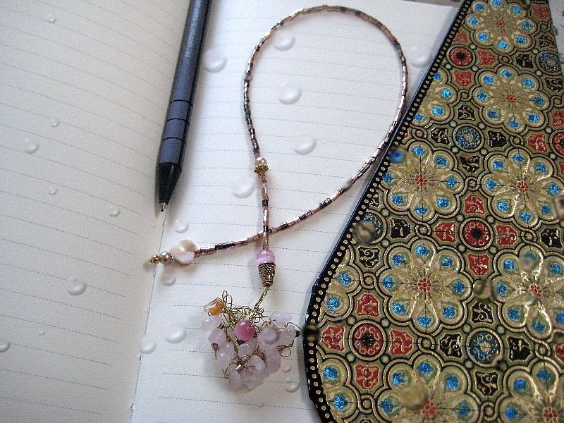 Knitted with wire jewelry heart - book marker with healing rose quartz.
