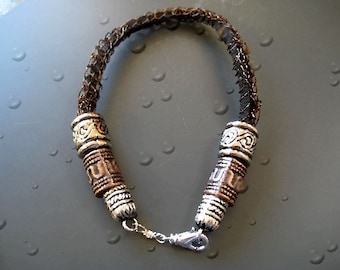 Valentine special - A Unique leather with viking knit  bracelet  for him or her -  under 40 USD