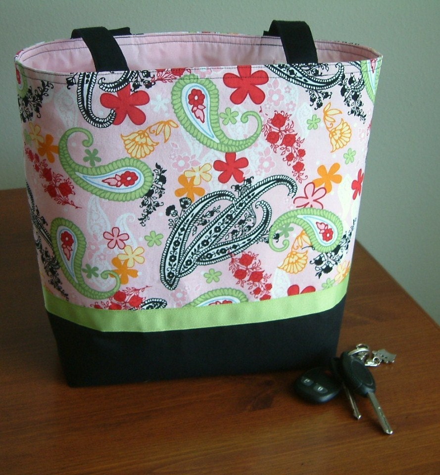 Pink Paisley and Floral Tote with Green Ribbon