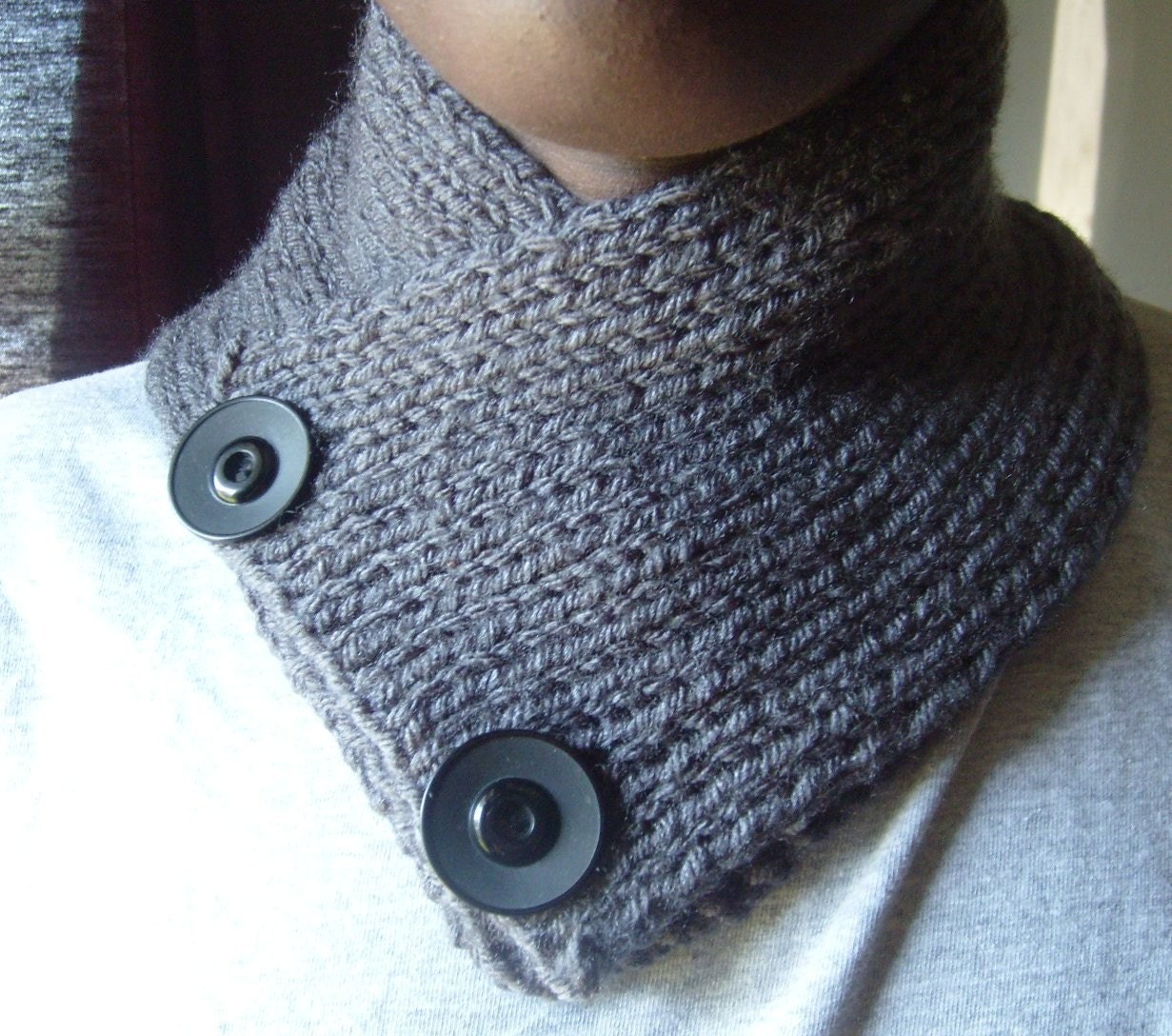 Grey EXPRESSIONS / Neckwarmer-Cowl For Men/UNISEX  - Featuring WEATHERED Vintage Buttons