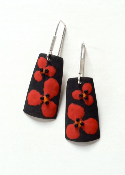 Enameled Earrings with Red Flowers