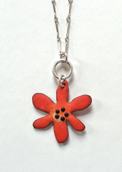 Enameled Red Flower Pendant