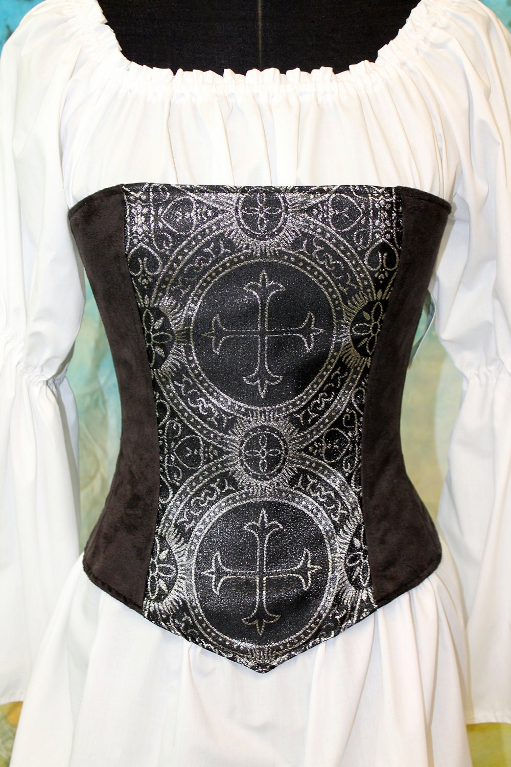 Black & Silver Renaissance Celtic Cross Corset,  Pirate, Gypsy, Steampunk, 1 size left, 33, Ready to Ship