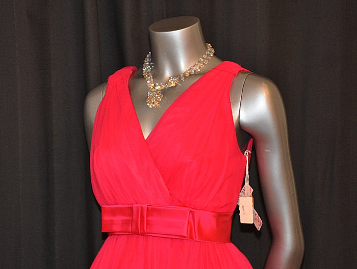 1960's Dress / Vintage 60's Big Bow Bias Cut Chiffon Full Skirt Party Dress Never Worn